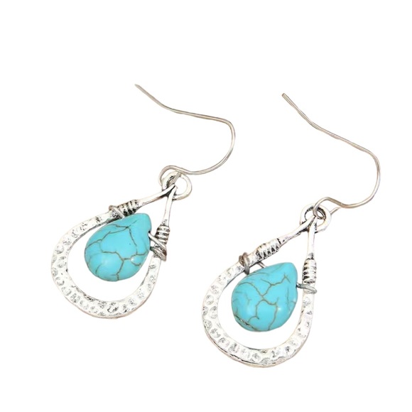 Silver and Turquoise Waterdrop Style Hammered Earrings - Picture 7 of 7